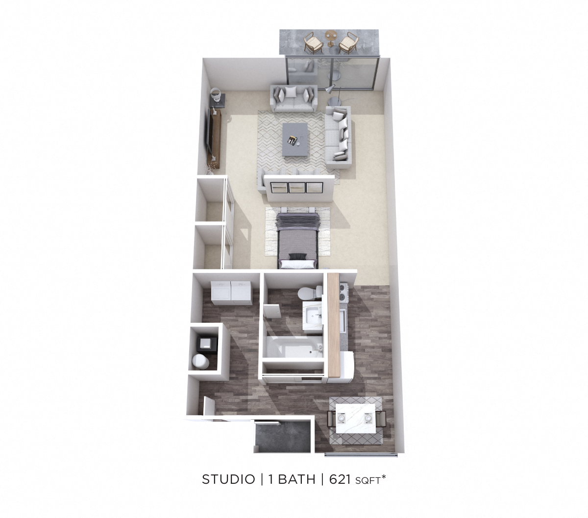 Floor plan for studio, 1 bath, 621 sqft