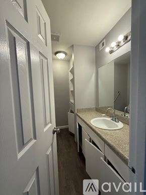 Bryan apartment for rent - A bathroom with a sink, mirror, and light fixture.