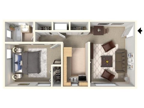 Floor plan for 1 bed, 1 bath, 500 sqft