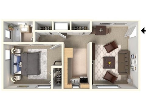 Floor plan for 1 bed, 1 bath, 500 sqft