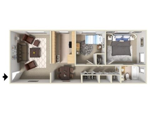 Floor plan for 2 beds, 1 bath, 625 sqft