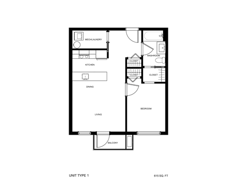 Floor plan for 1 bed, 1 bath, 629 sqft
