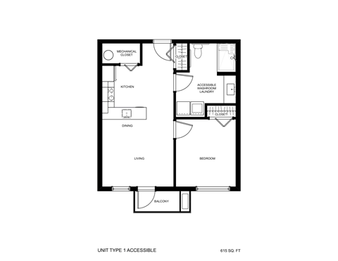 Floor plan for 1 bed, 1 bath