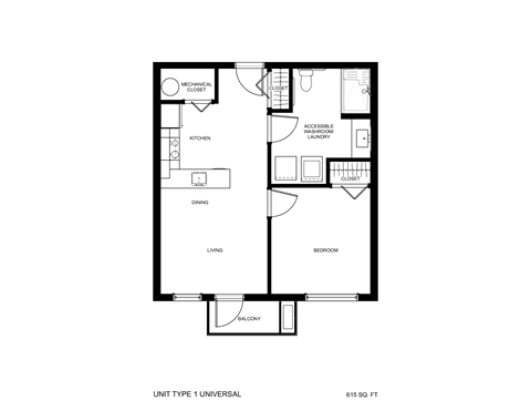 Floor plan for 1 bed, 1 bath