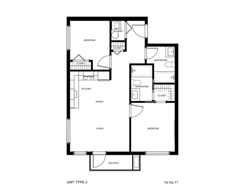 Floor plan for 2 beds, 2 baths, 873 sqft