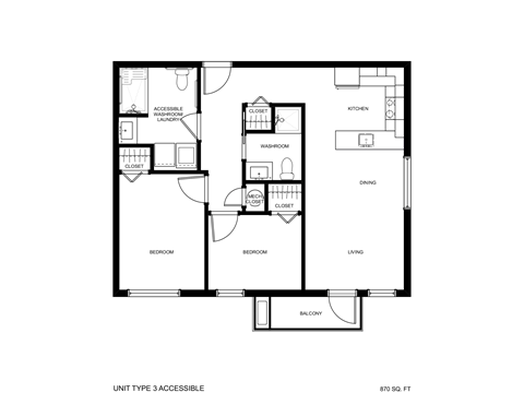 Floor plan for 2 beds, 2 baths, 873 sqft