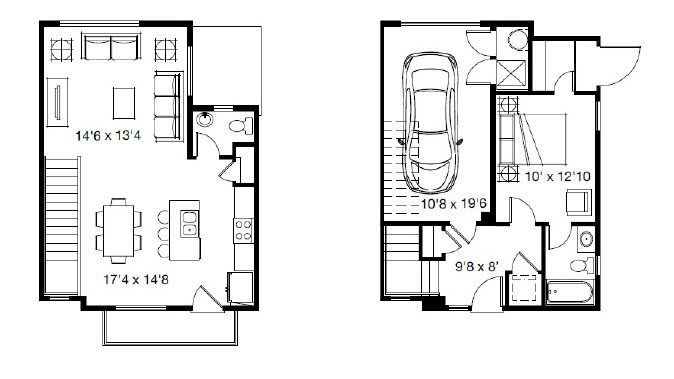 Floor plan for 1 bed, 1.5 baths, 923 sqft