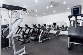 West Jordan apartment for rent - A gym with a variety of equipment including treadmills, weights, and exercise machines.