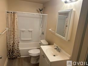 Bemus Point apartment for rent - A bathroom with a toilet, sink, and shower.