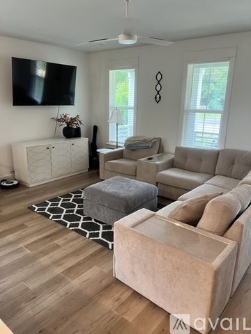 Pensacola house for rent - A living room with a grey couch and a white cabinet.