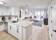 Alexandria apartment for rent - A modern kitchen with white cabinets and a large island.