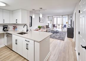 Alexandria apartment for rent - A modern kitchen with white cabinets and a large island.