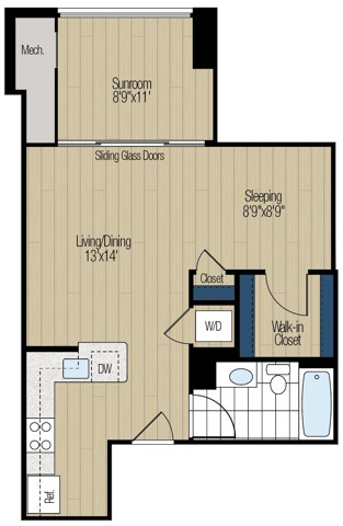 Floor plan for studio, 1 bath, 648 sqft