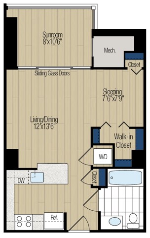 Floor plan for studio, 1 bath, 605 sqft