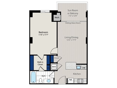 Floor plan for 1 bed, 1 bath, 747 sqft