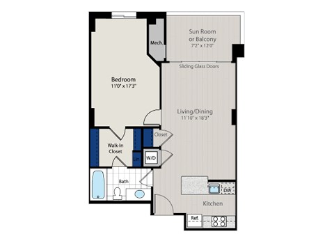 Floor plan for 1 bed, 1 bath, 747 sqft
