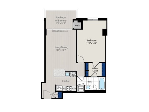 Floor plan for 1 bed, 1 bath, 743 sqft