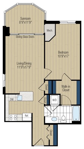 Floor plan for 1 bed, 1 bath, 871 sqft