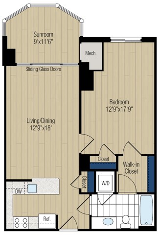 Floor plan for 1 bed, 1 bath, 810 sqft