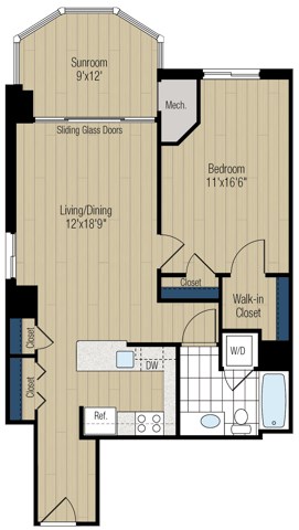 Floor plan for 1 bed, 1 bath, 876 sqft