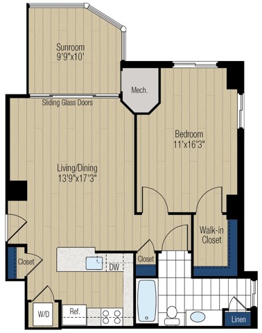 Floor plan for 1 bed, 1 bath, 849 sqft