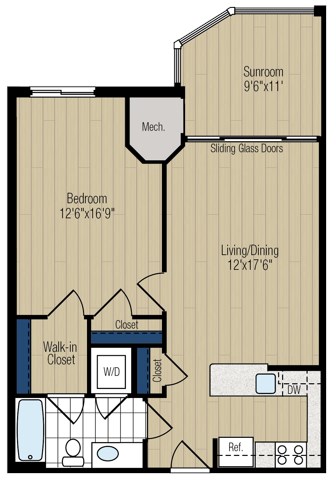 Floor plan for 1 bed, 1 bath, 797 sqft