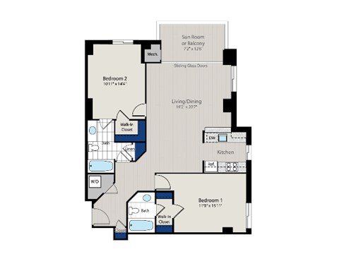 Floor plan for 2 beds, 2 baths, 1096 sqft