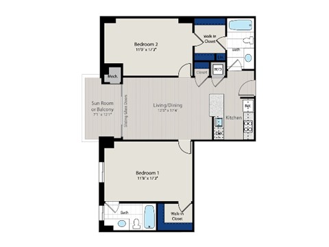 Floor plan for 2 beds, 2 baths, 1086 sqft