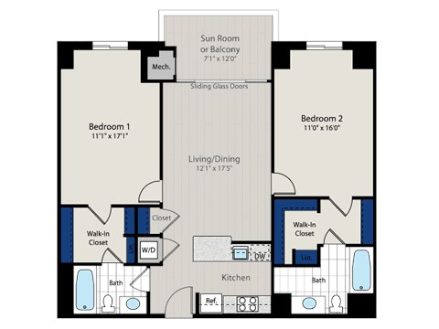 Floor plan for 2 beds, 2 baths, 1092 sqft