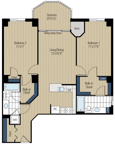 Floor plan for 2 beds, 2 baths, 1245 sqft