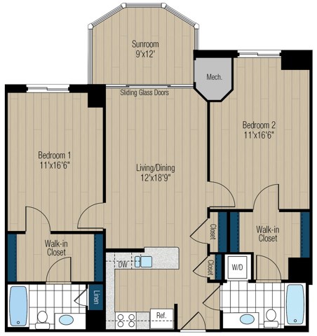 Floor plan for 2 beds, 2 baths, 1183 sqft