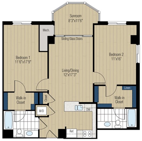 Floor plan for 2 beds, 2 baths, 1173 sqft