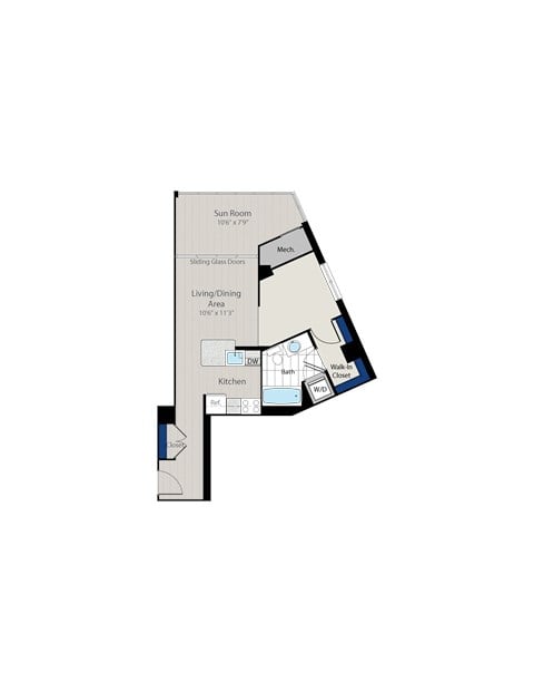 Floor plan for studio, 1 bath, 635 sqft