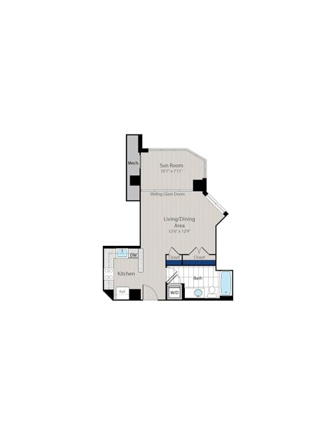 Floor plan for studio, 1 bath, 592 sqft