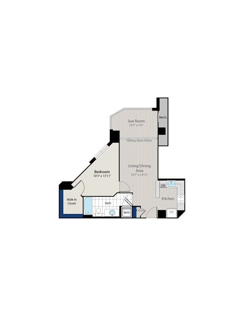 Floor plan for 1 bed, 1 bath, 723 sqft