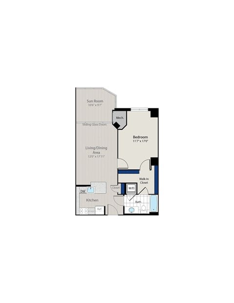 Floor plan for 1 bed, 1 bath, 812 sqft