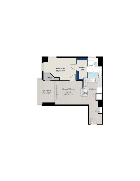 Floor plan for 1 bed, 1 bath, 775 sqft