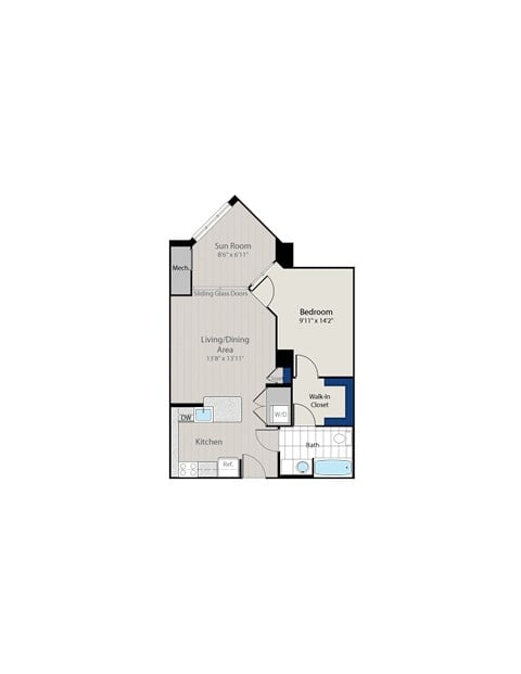 Floor plan for 1 bed, 1 bath, 753 sqft