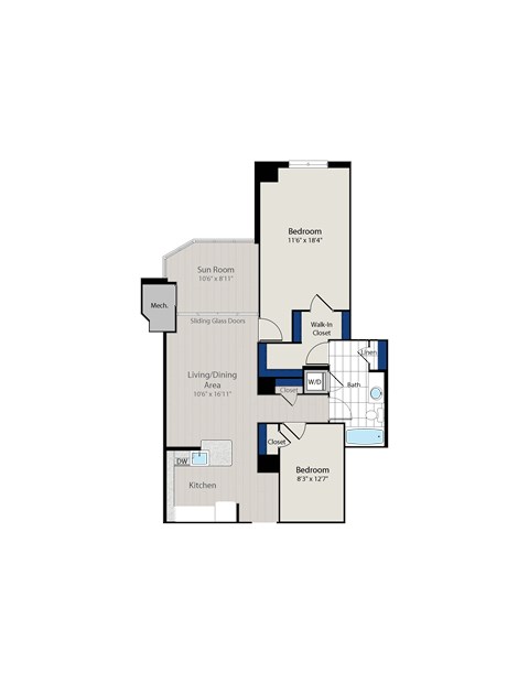 Floor plan for 1 bed, 1 bath, 1071 sqft