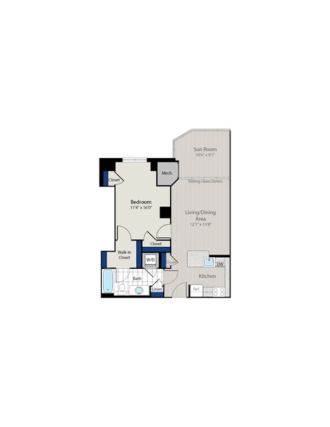 Floor plan for 1 bed, 1 bath, 772 sqft