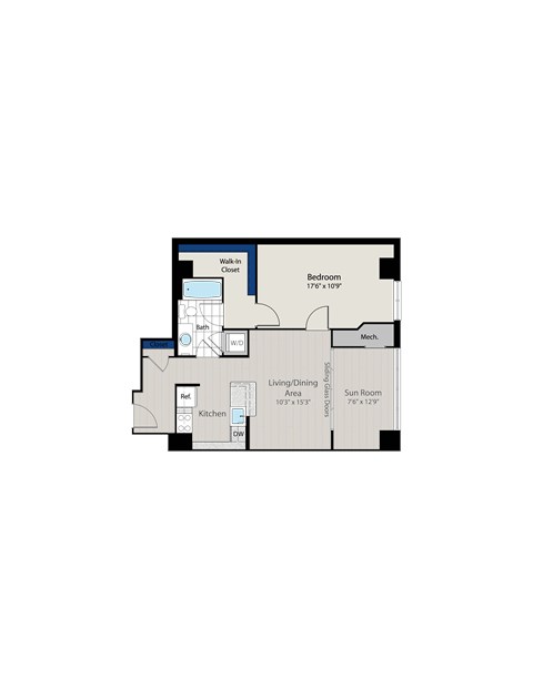 Floor plan for 1 bed, 1 bath, 838 sqft