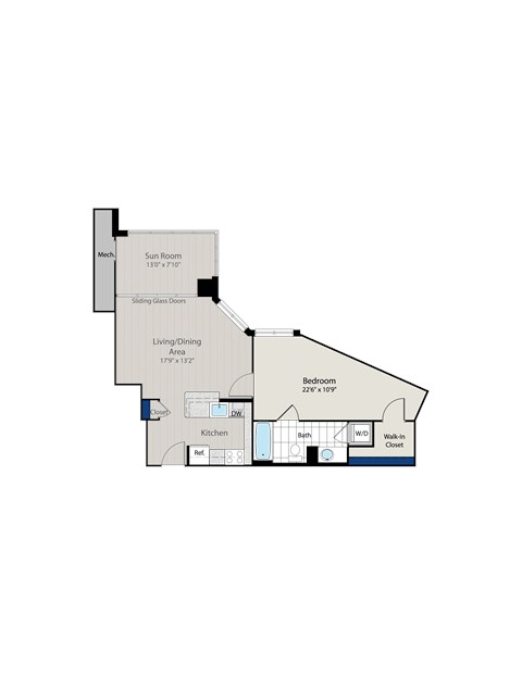 Floor plan for 1 bed, 1 bath, 820 sqft
