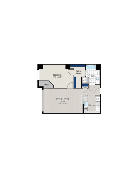 Floor plan for 1 bed, 1 bath, 721 sqft