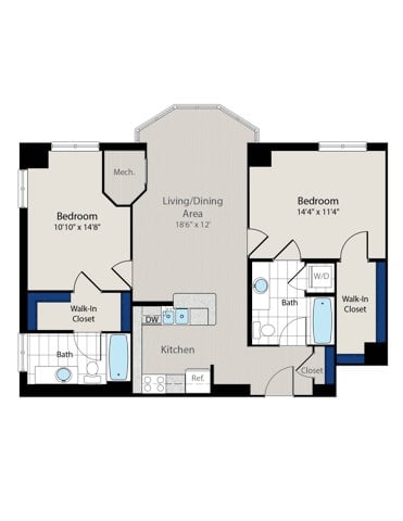 Floor plan for 2 beds, 2 baths, 1034 sqft