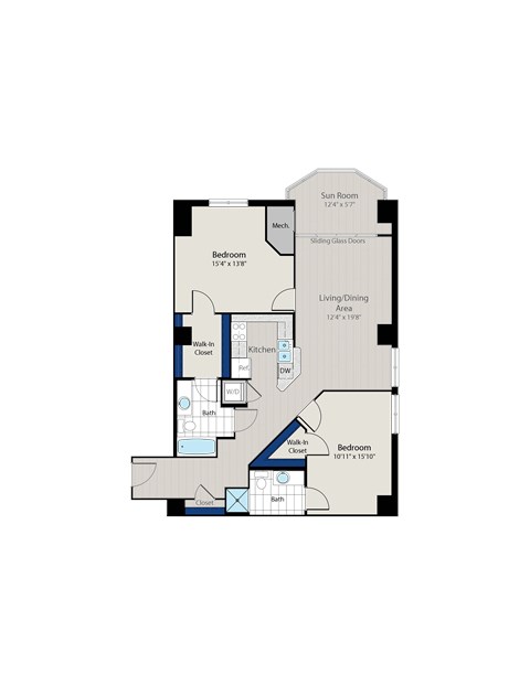Floor plan for 2 beds, 2 baths, 1232 sqft