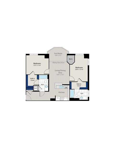 Floor plan for 2 beds, 2 baths, 1083 sqft