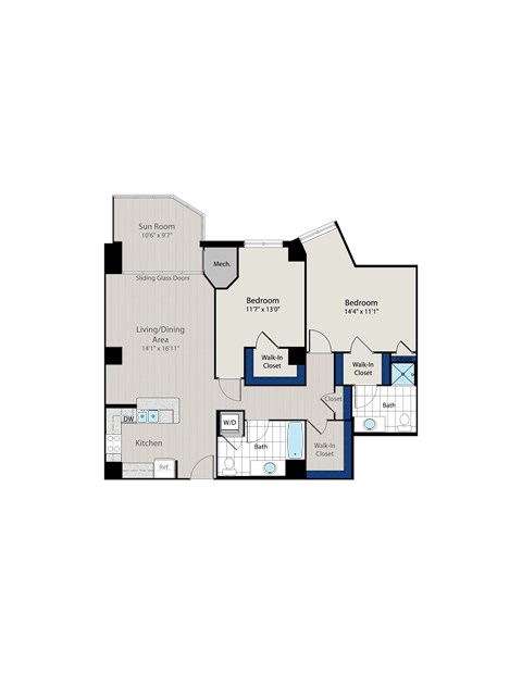 Floor plan for 2 beds, 2 baths, 1265 sqft