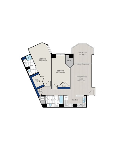 Floor plan for 2 beds, 2 baths, 1242 sqft