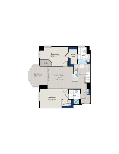 Floor plan for 2 beds, 2 baths, 1086 sqft
