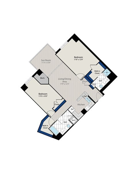 Floor plan for 2 beds, 2 baths, 1329 sqft